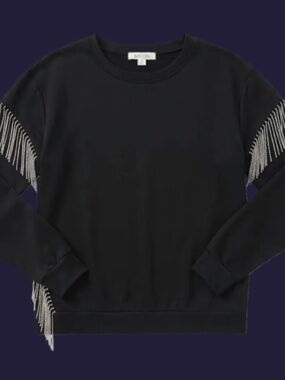 NYLON Apparel Black Rhinestone Fringe Sweatshirt cowgirlcore w/ Chain Embellishe